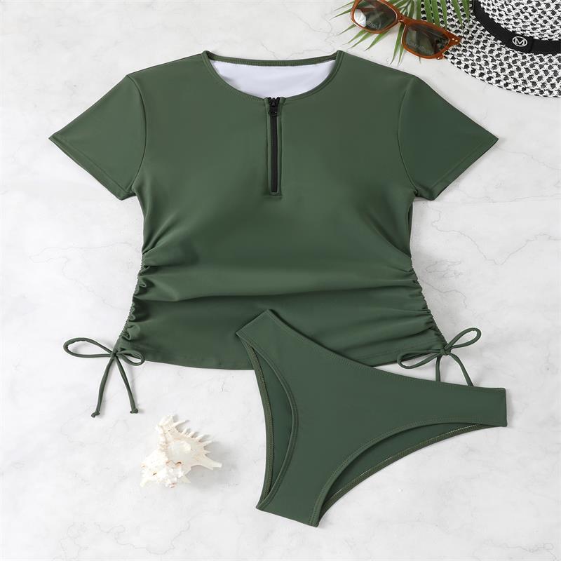 Damen Rashguard-Bikini-Set mit kurzem Arm und verstellbarem Kordelzug EB