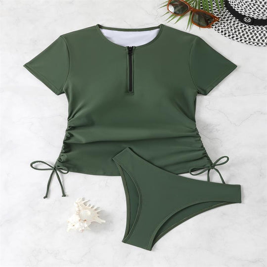 Damen Rashguard-Bikini-Set mit kurzem Arm und verstellbarem Kordelzug EB