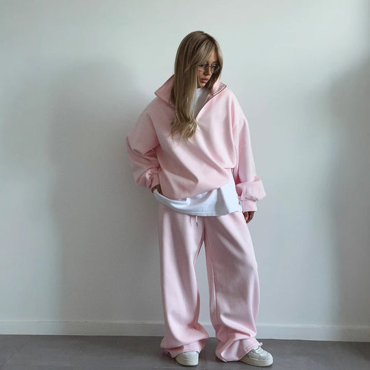 Damen nan Oversize Halbzip-Pullover mit Stehkragen und weitem Lounge-Hose-Set EB