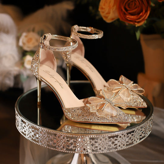 Damen elegante High-Heels mit funkelndem Strass und Schleifenakzent EB