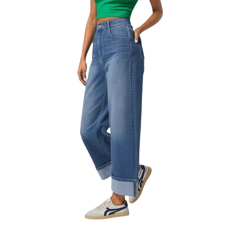 Damen nan hochgeschnittene weite Knöchellänge-Jeans mit breitem Umschlag und Fünf-Taschen-Schnitt EB