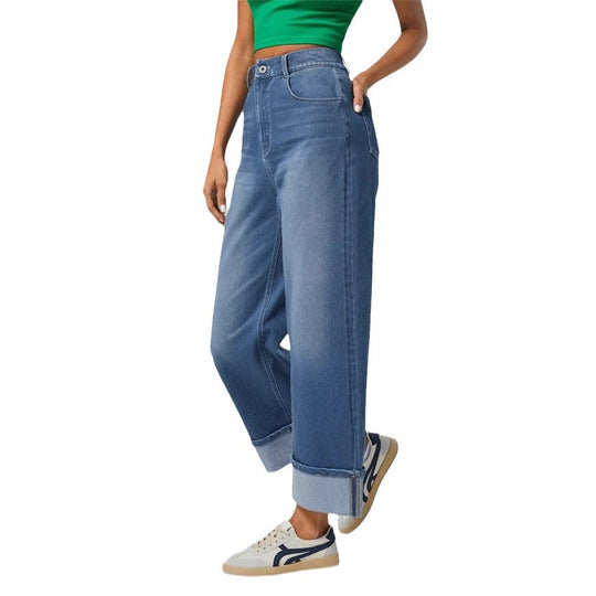 Damen nan hochgeschnittene weite Knöchellänge-Jeans mit breitem Umschlag und Fünf-Taschen-Schnitt EB