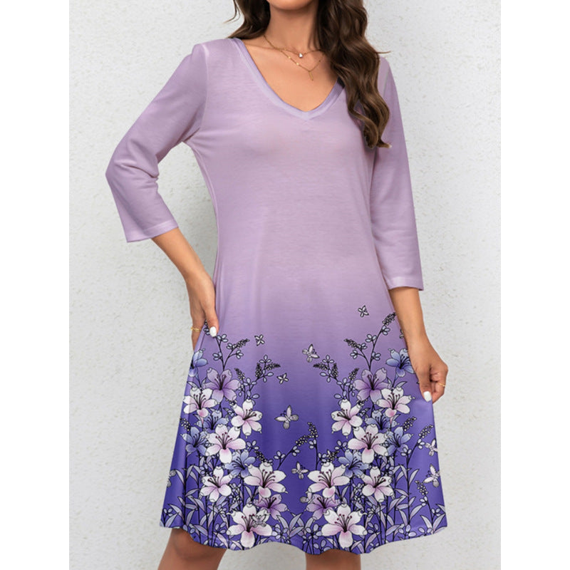 Damen V-Ausschnitt Sommerkleid mit floralem Aquarell-Design und ¾-Ärmeln EB