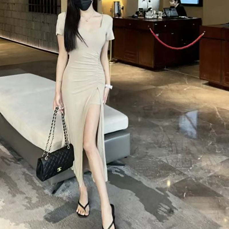 Damen figurbetontes langes Kleid mit schickem Raffungseffekt und hohem Schlitz EB