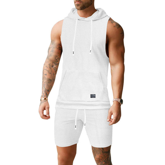 Herren nan ärmelloses Kapuzenweste-Set aus strukturiertem Baumwollmix mit Kängurutasche und Tunnelzug-Shorts EB