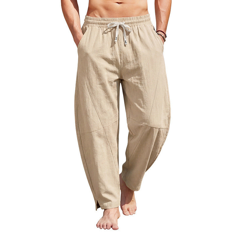 Herren nan lässige Leinen-Loungehose mit elastischem Tunnelzugbund, Kordelzug und seitlichem Beinaufschlag EB