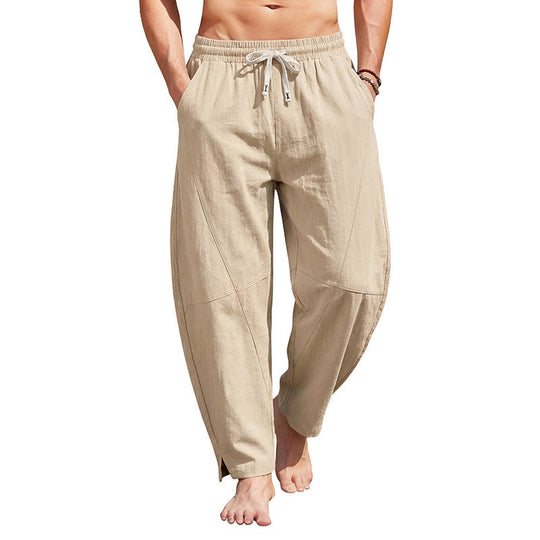 Herren nan lässige Leinen-Loungehose mit elastischem Tunnelzugbund, Kordelzug und seitlichem Beinaufschlag EB