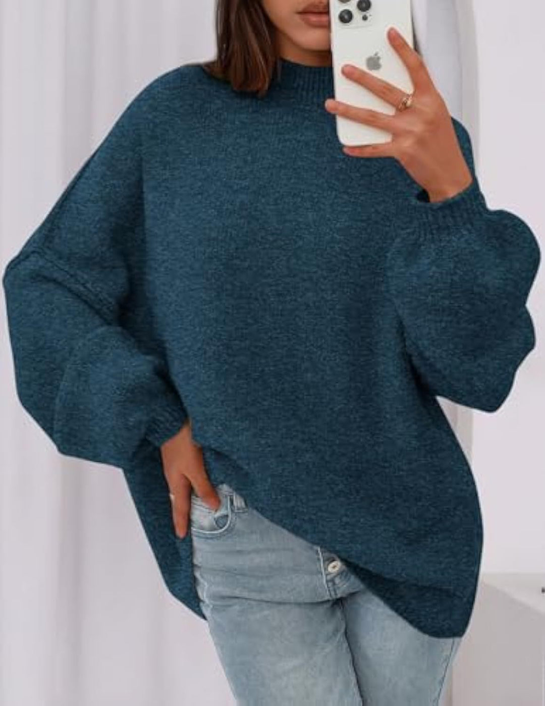 Damen Oversize-Strickpullover mit Stehkragen und Ballonärmeln EB