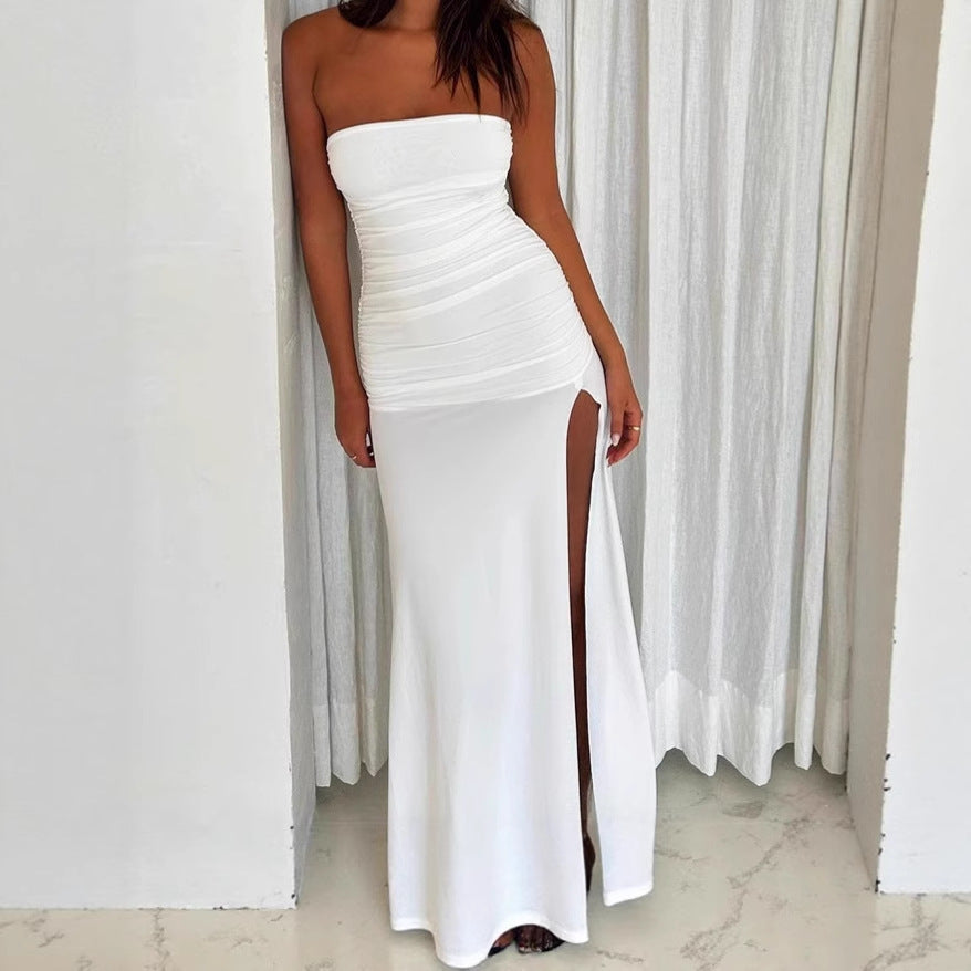 Damen Elegantes Trägerloses Maxikleid mit hohem Schlitz und Raffungen EB