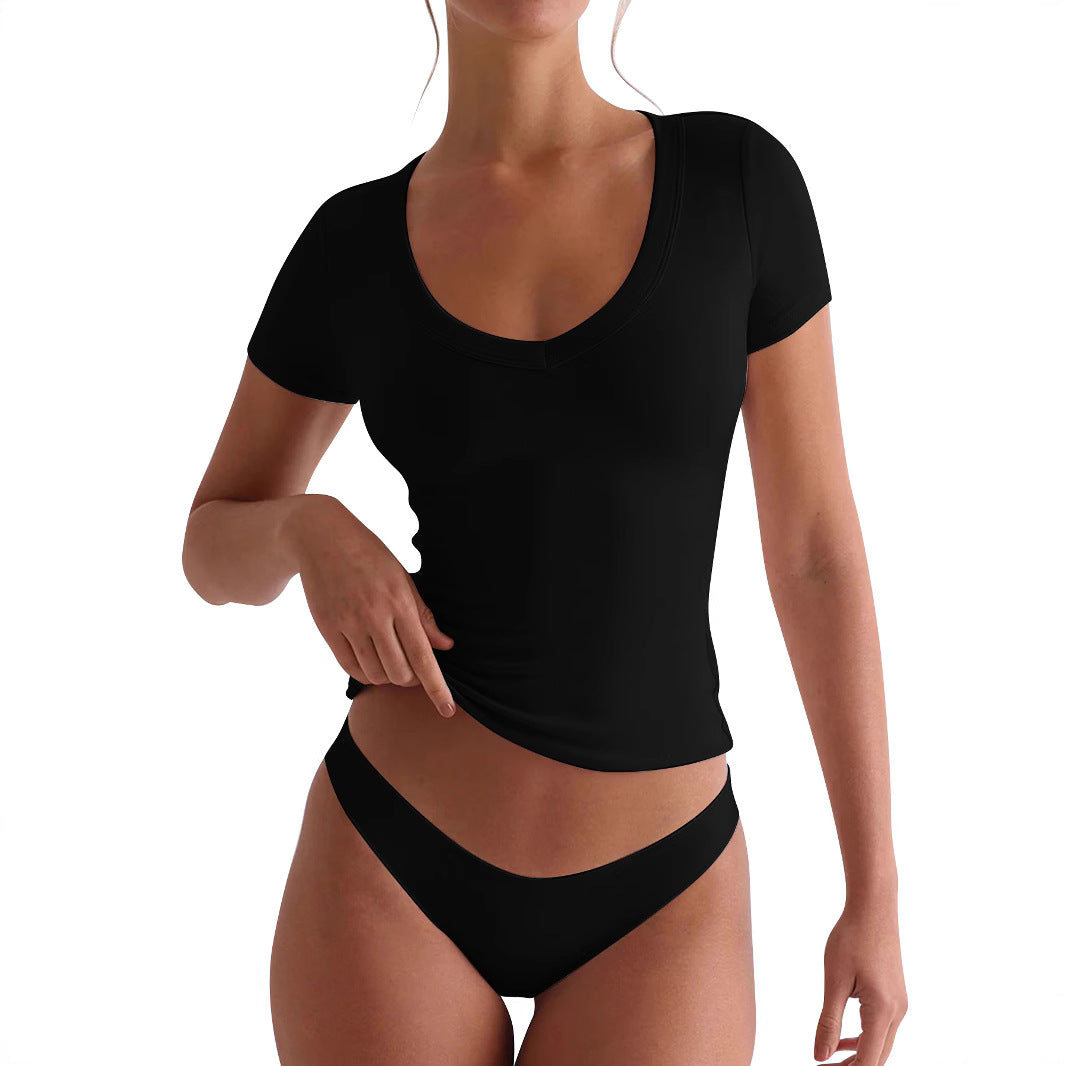Damen figurbetontes V-Neck T-Shirt mit kurzen Ärmeln EB