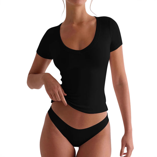 Damen figurbetontes V-Neck T-Shirt mit kurzen Ärmeln EB