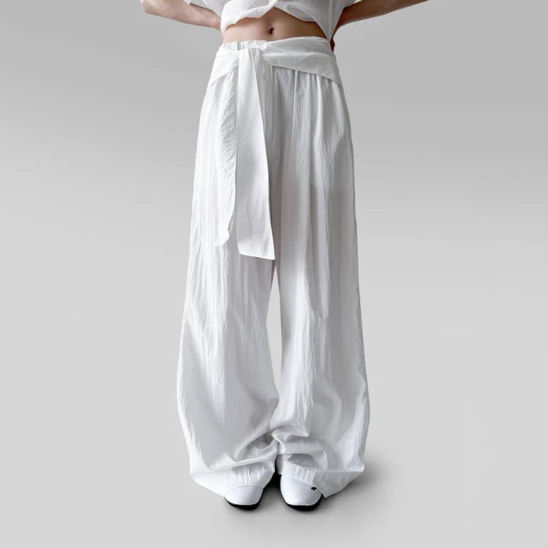 Damen nan Highwaist Leinenhose mit weitem Bein und dekorativem Bindegürtel EB