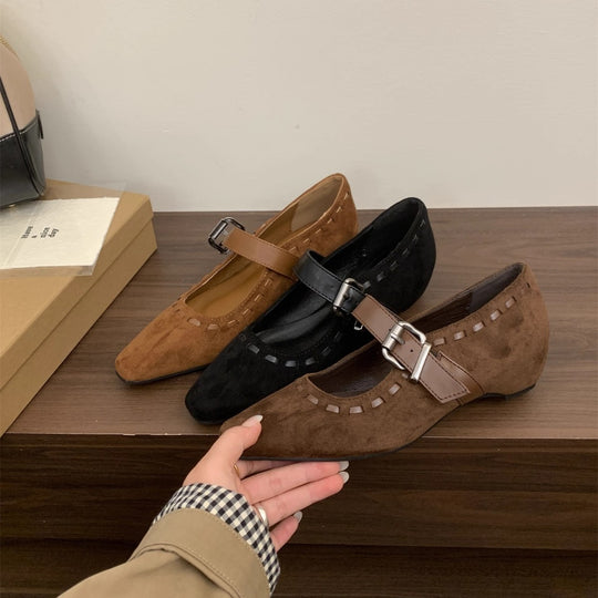 Damen elegante Mary Janes mit modischer Schnalle und hochwertiger Wildlederoberfläche EB
