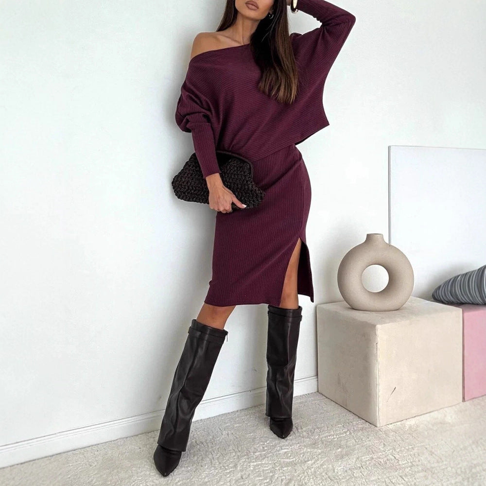Damen Zweisitiges geripptes Strick-Set mit Off-Shoulder-Oversize-Pullover und tailliertem Midirock mit Seitenschlitz EB
