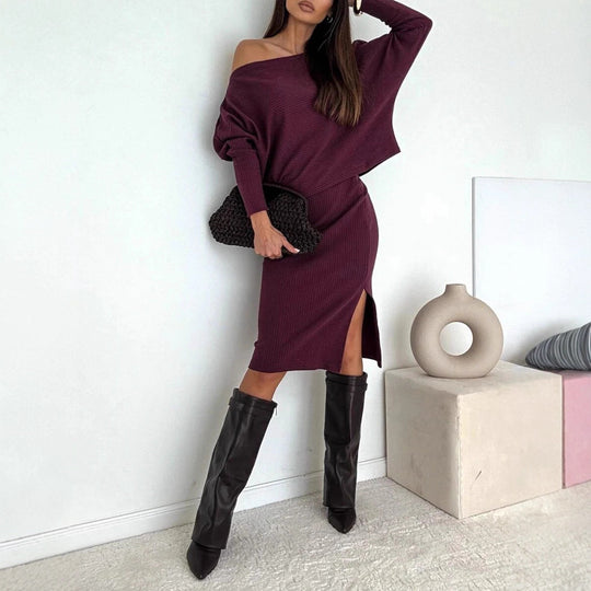 Damen Zweisitiges geripptes Strick-Set mit Off-Shoulder-Oversize-Pullover und tailliertem Midirock mit Seitenschlitz EB