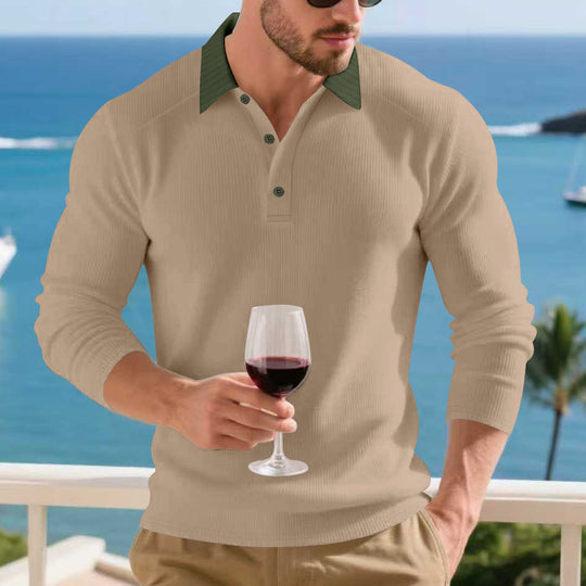 Herren Langarm Poloshirt mit strukturiertem Design und kontrastierendem Stehkragen EB