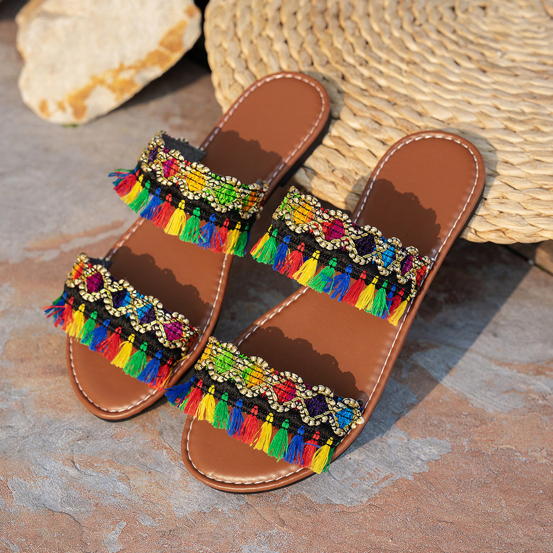 Damen Bunte Badeschuhe mit auffälligen Quasten und Schmuckverzierung EB
