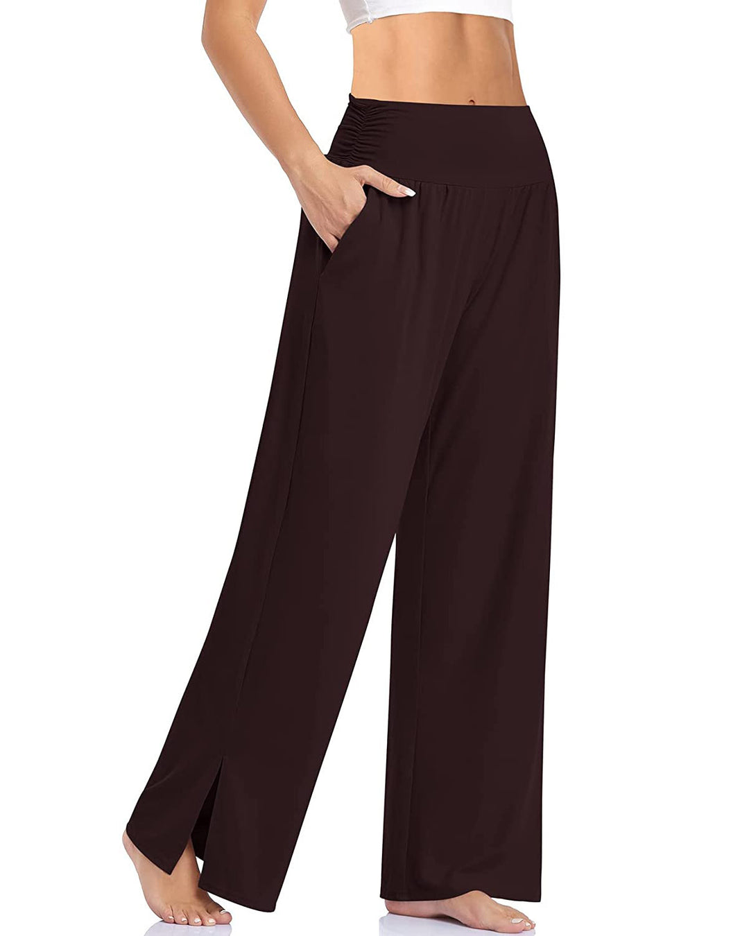 Damen nan weite Yogahose mit hohem Komfortbund, seitlichen Eingrifftaschen und seitlichem Bein-Schlitz EB