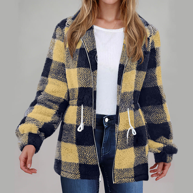 Damen kuschelige Oversize-Jacke mit kariertem Muster EB