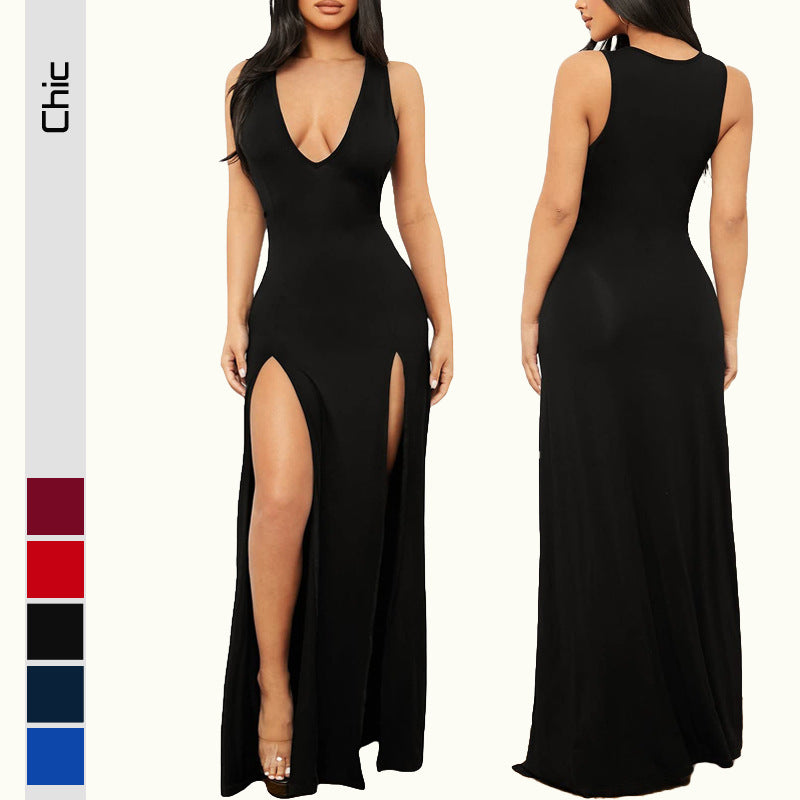 Damen Elegantes Maxikleid mit tiefem V-Ausschnitt und seitlichen Schlitzen EB