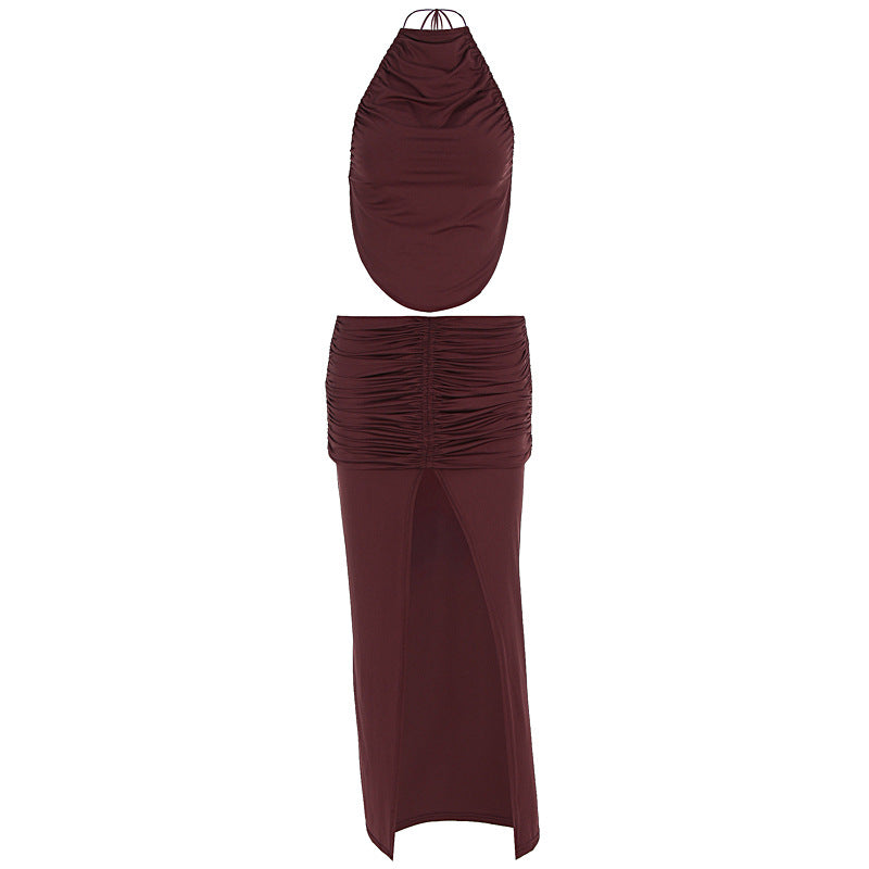 Damen Elegantes Maxikleid mit asymmetrischem Halterhals und ausgefallenem Schlitz EB