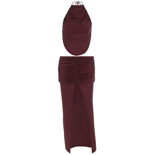 Damen Elegantes Maxikleid mit asymmetrischem Halterhals und ausgefallenem Schlitz EB