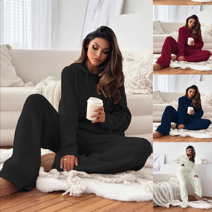 Damen Strick Lounge-Set mit Kapuze und weitem Beinschnitt EB