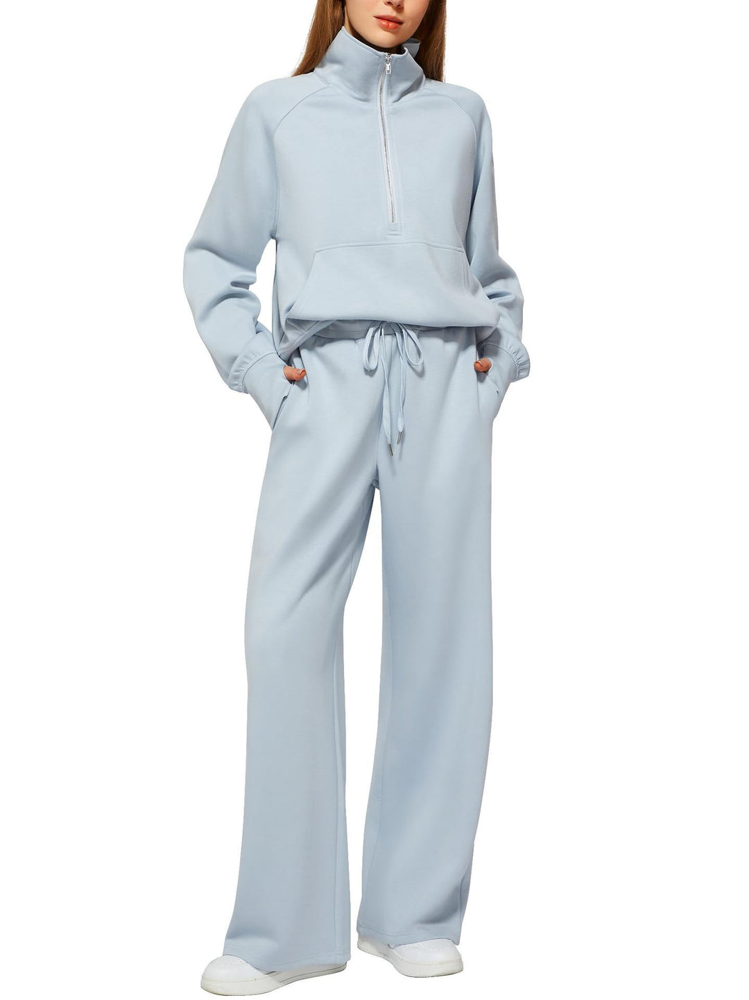 Damen nan halbzip Lounge-Set mit hohem Stehkragen, Kängurutasche und weiten Highwaist-Jogginghose EB
