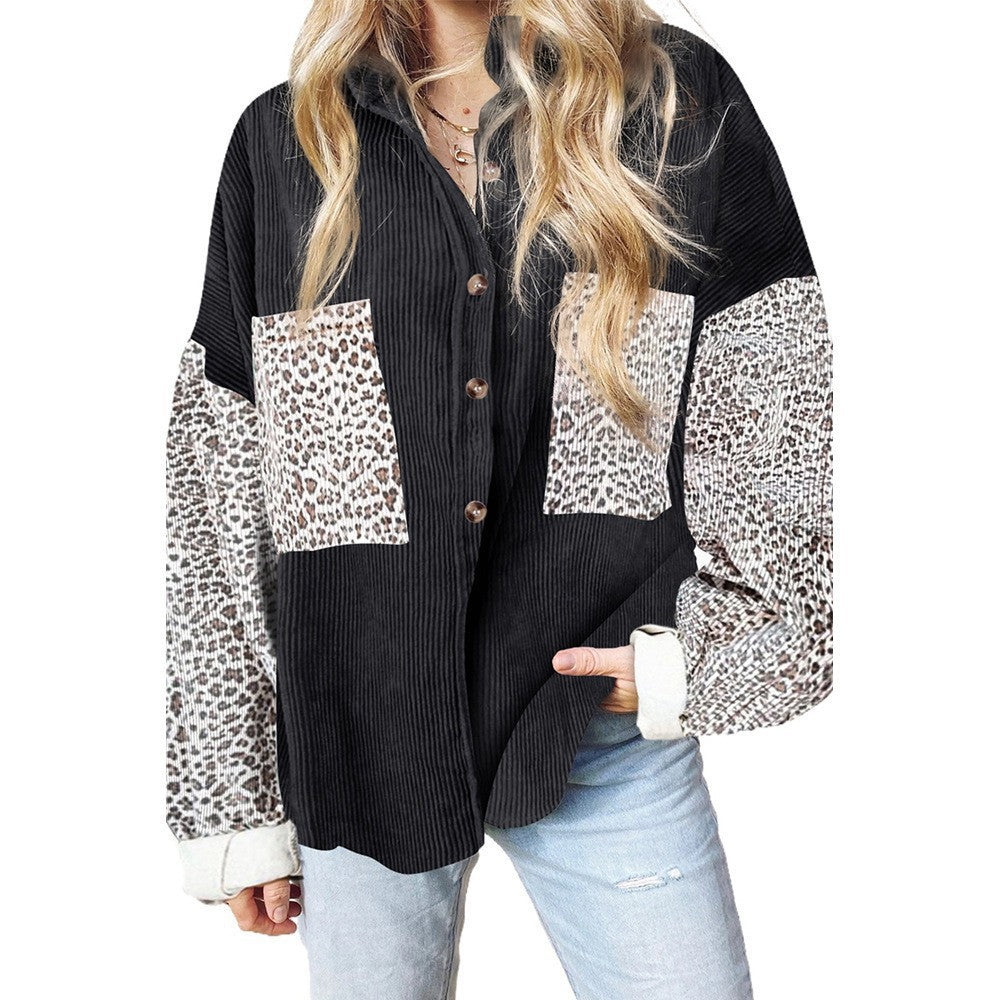 Damen nan oversized Hemdbluse mit Strukturstoff, Kontrastärmeln im Leo-Print und aufgesetzten Taschen EB