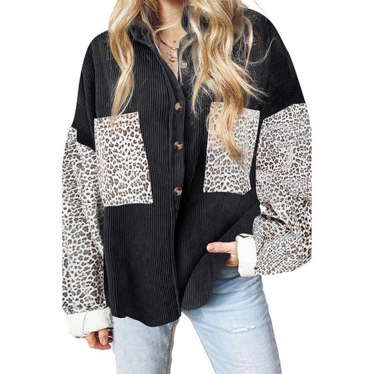 Damen nan oversized Hemdbluse mit Strukturstoff, Kontrastärmeln im Leo-Print und aufgesetzten Taschen EB