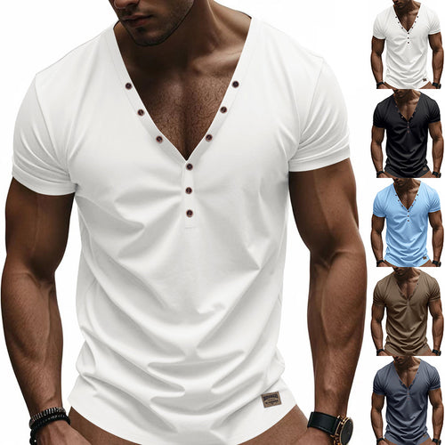 Herren Kurzarm Henley-T-Shirt mit modischem V-Ausschnitt und dekorativen Knöpfen EB