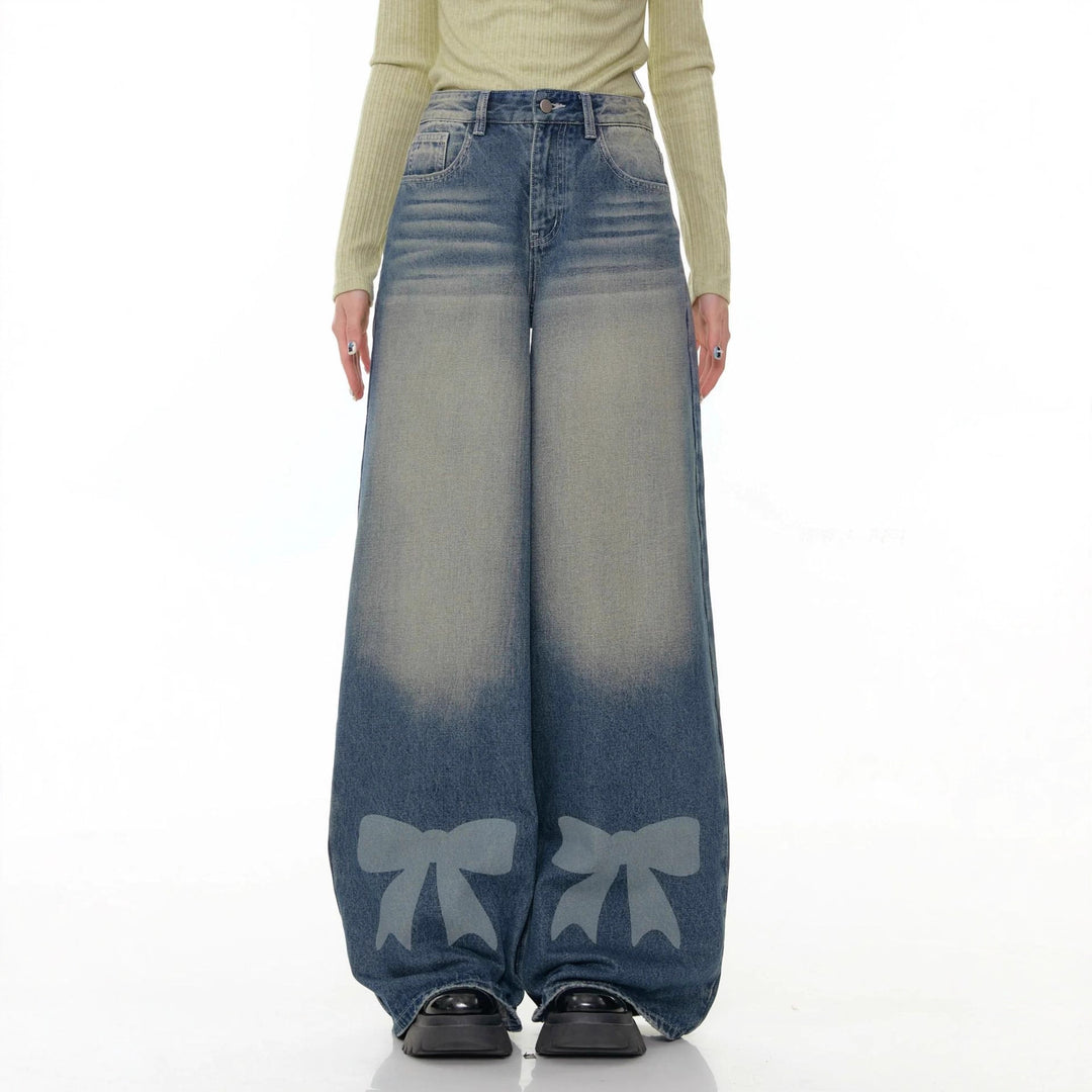 Damen nan hochtaillierte Palazzohose aus Denim mit extra weitem Bein und Schleifenprint EB