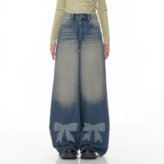 Damen nan hochtaillierte Palazzohose aus Denim mit extra weitem Bein und Schleifenprint EB