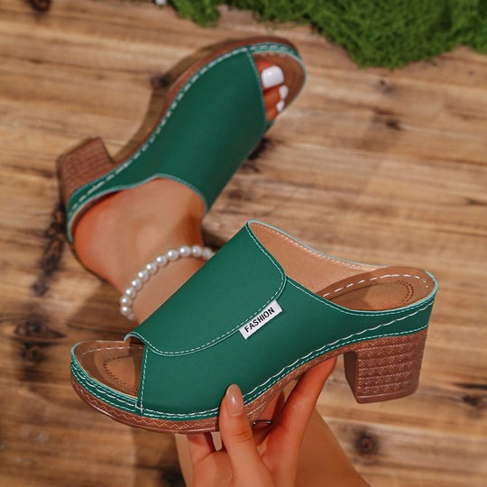 Damen Komfortable Open-Toe Pantoletten mit Holz-Optik EB