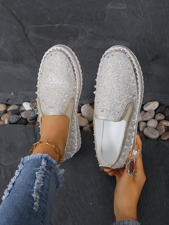 Damen Glamouröse Slip-On Sneakers mit funkelndem Glitzer und Nieten EB