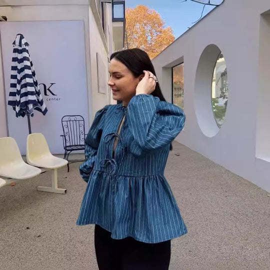 Damen gestreifte Bluse mit voluminösen Puffärmeln und tailliertem Schnitt EB