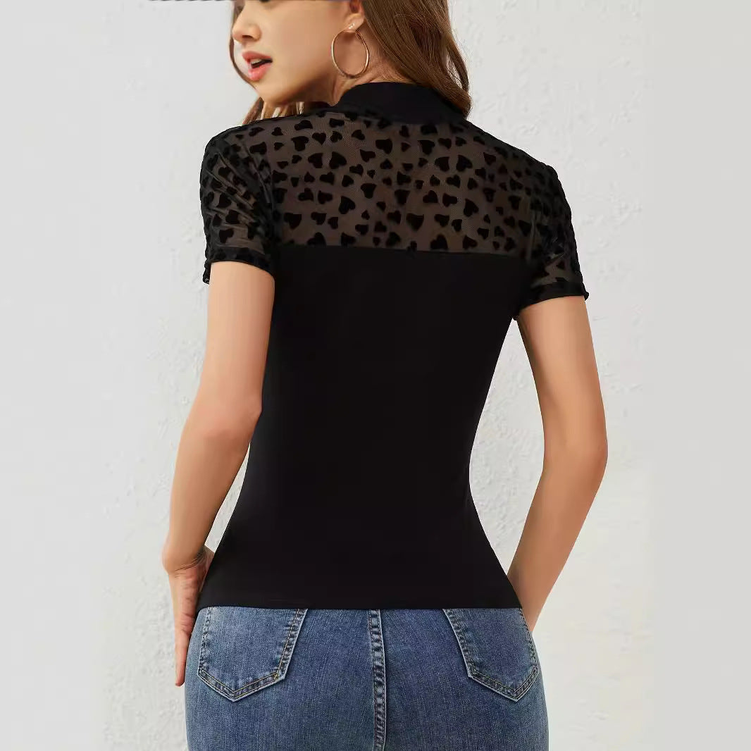 Damen nan figurbetonter Body mit transparentem Herz-Mesh und Stehkragen EB