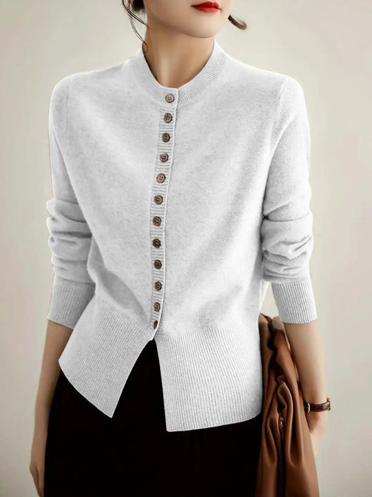 Damen modische Strickjacke mit Knopfleiste und Rippstrickdetails EB