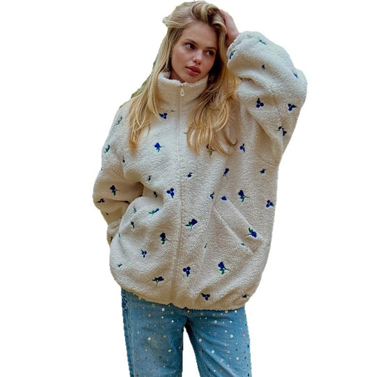 Damen kuschelige Fleecejacke mit Blumenstickerei EB