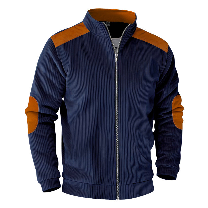 Herren nan gerippte Stehkragen-Sweatjacke mit durchgehendem Reißverschluss, Schulter- und Ellbogen-Patches EB