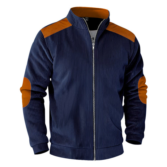 Herren nan gerippte Stehkragen-Sweatjacke mit durchgehendem Reißverschluss, Schulter- und Ellbogen-Patches EB