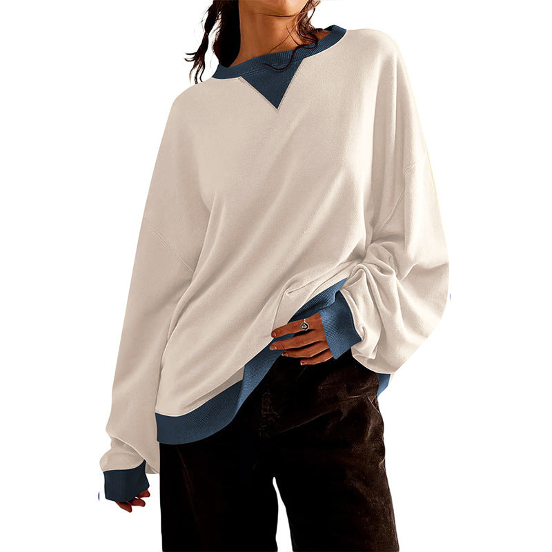 Damen lässiges Sweatshirt mit V-Ausschnitt und Kontrastbündchen EB