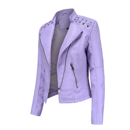 Damen nan taillierte Kunstleder-Bikerjacke mit gesteppter Schulterpartie, asymmetrischem Reißverschluss und Zierösen EB