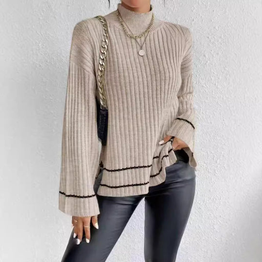 Damen eleganter Strickpullover mit hohem Kragen und weitem Ärmelabschluss EB