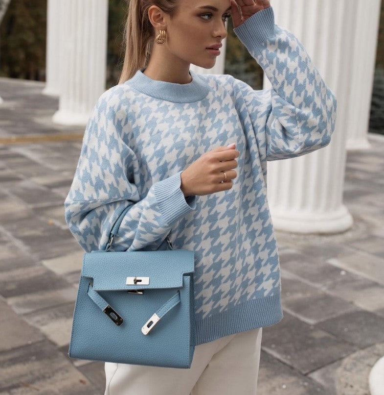 Damen Grobstrickpullover mit modernem Hahnentrittmuster und lässigem Schnitt EB