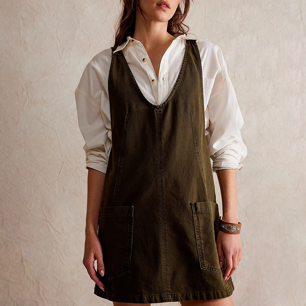 Damen lässiges Freizeitleinenkleid mit tiefem Ausschnitt und großen Taschen EB