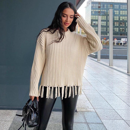 Damen lässiger Rippstrick-Pullover mit Fransen-Saum und Oversize-Silhouette Eichborn Berlin