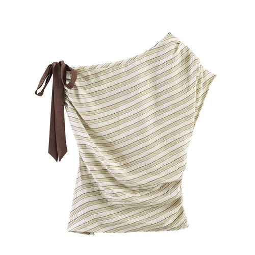 Damen asymmetrisches Oberteil mit eleganter Bindegurtdetail und feinen Streifen EB