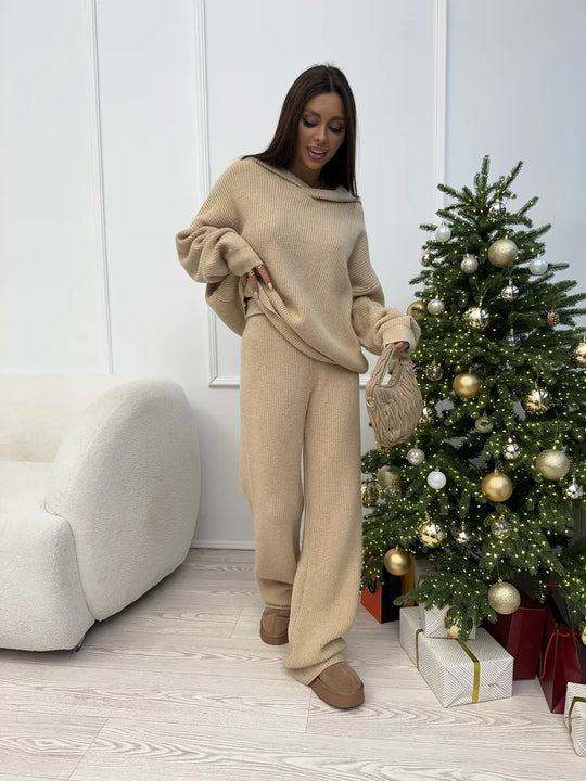 Damen Weiches Strick-Loungewear-Set mit Oversize-Pullover und weiter Palazzo-Hose EB