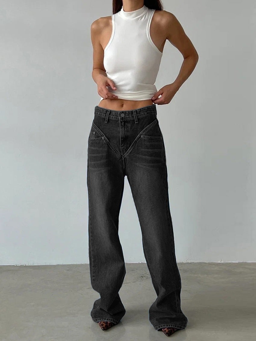 Damen nan hochgeschnittene weite Denim-Hose mit V-förmiger Bundnaht und extra-langem Bein EB